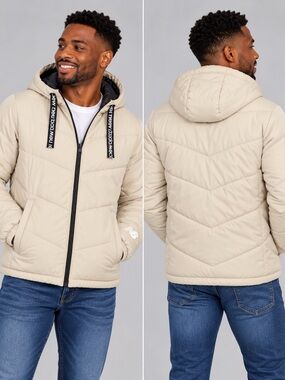 New Balance Cream Padded Puffer Winter Jacket Hooded Men XL As Is Crack Logo
